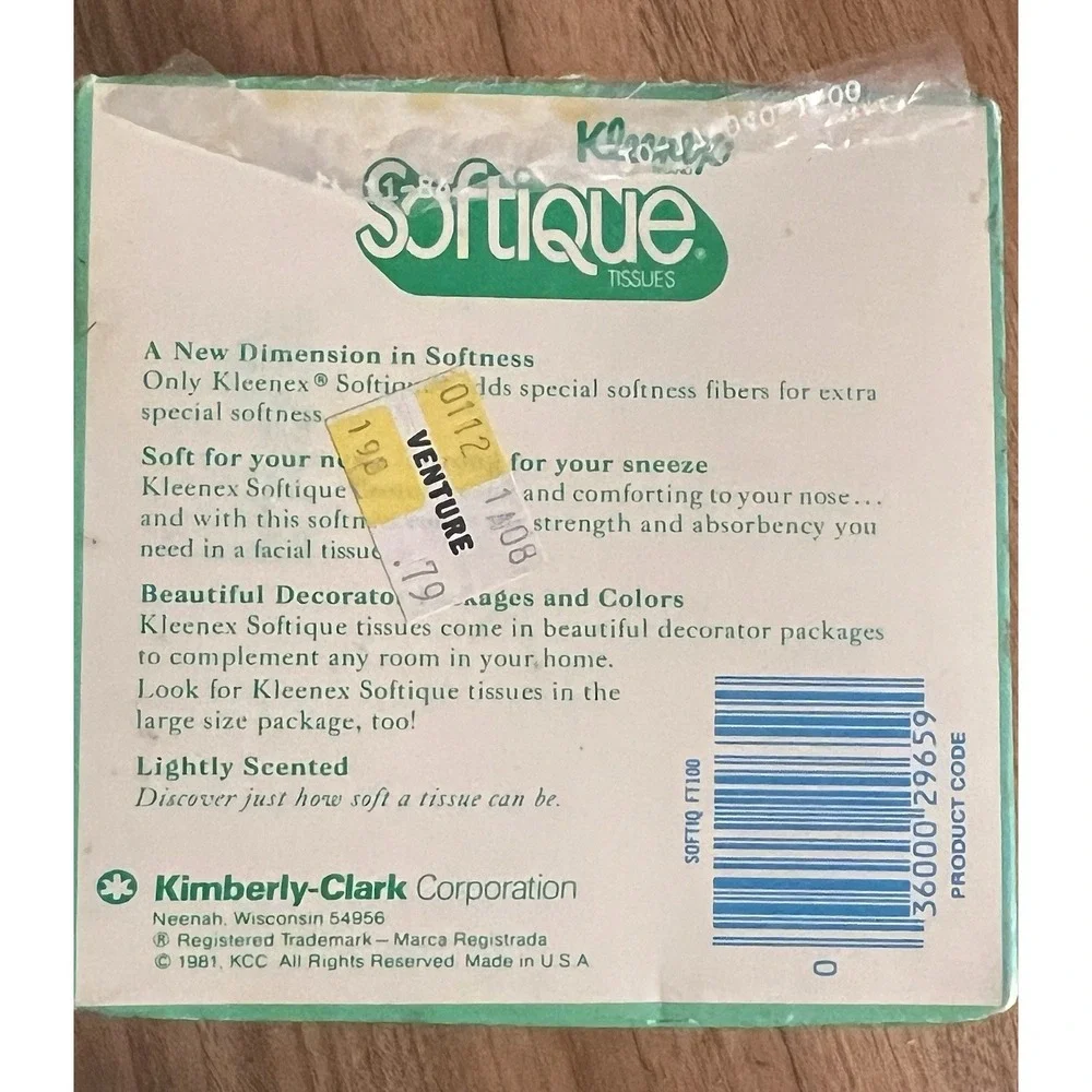 Vtg Kleenex Softique Tissues Lightly Scented Green 2-Ply Open Decorator Box 1981